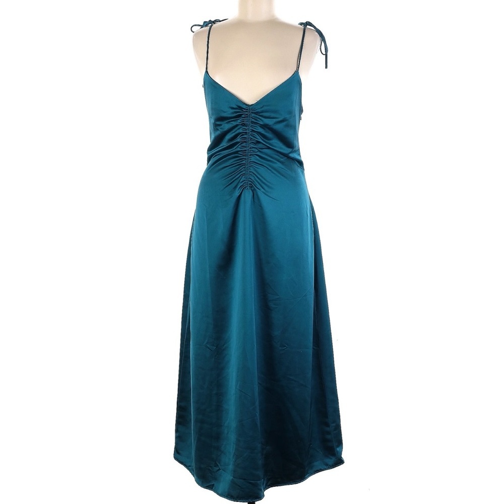 NWT Jason Wu Womens Satin Midi Dress S Teal Strappy Silky Ruched Front Flowy‎